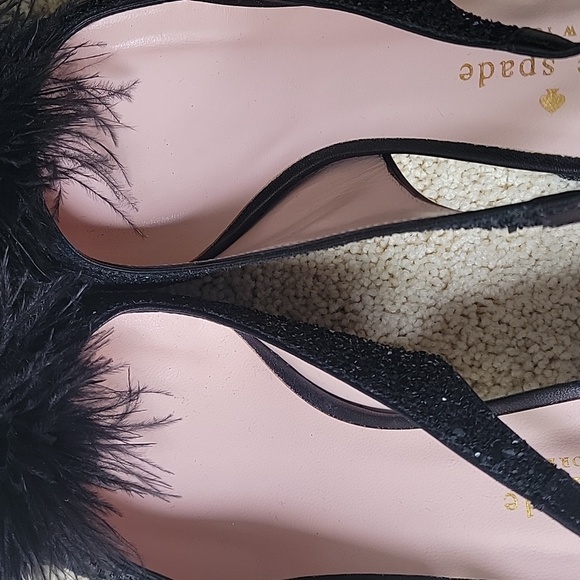 Kate Spade Black Glitter Heels With Feather Pom Pom Women Size‎ 6.5 - Picture 8 of 10
